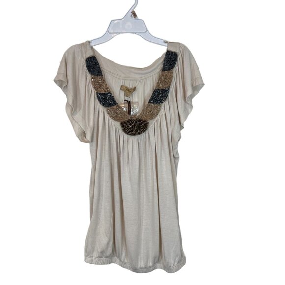 Jaloux NWT Womens Top XS Tan Beaded V Neck Short Sleeve Shirt Size Extra Small - Picture 7 of 7